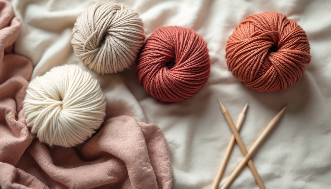 Three balls of aran weight wool in cream, oatmeal and madder red beside wooden knitting needles on linen