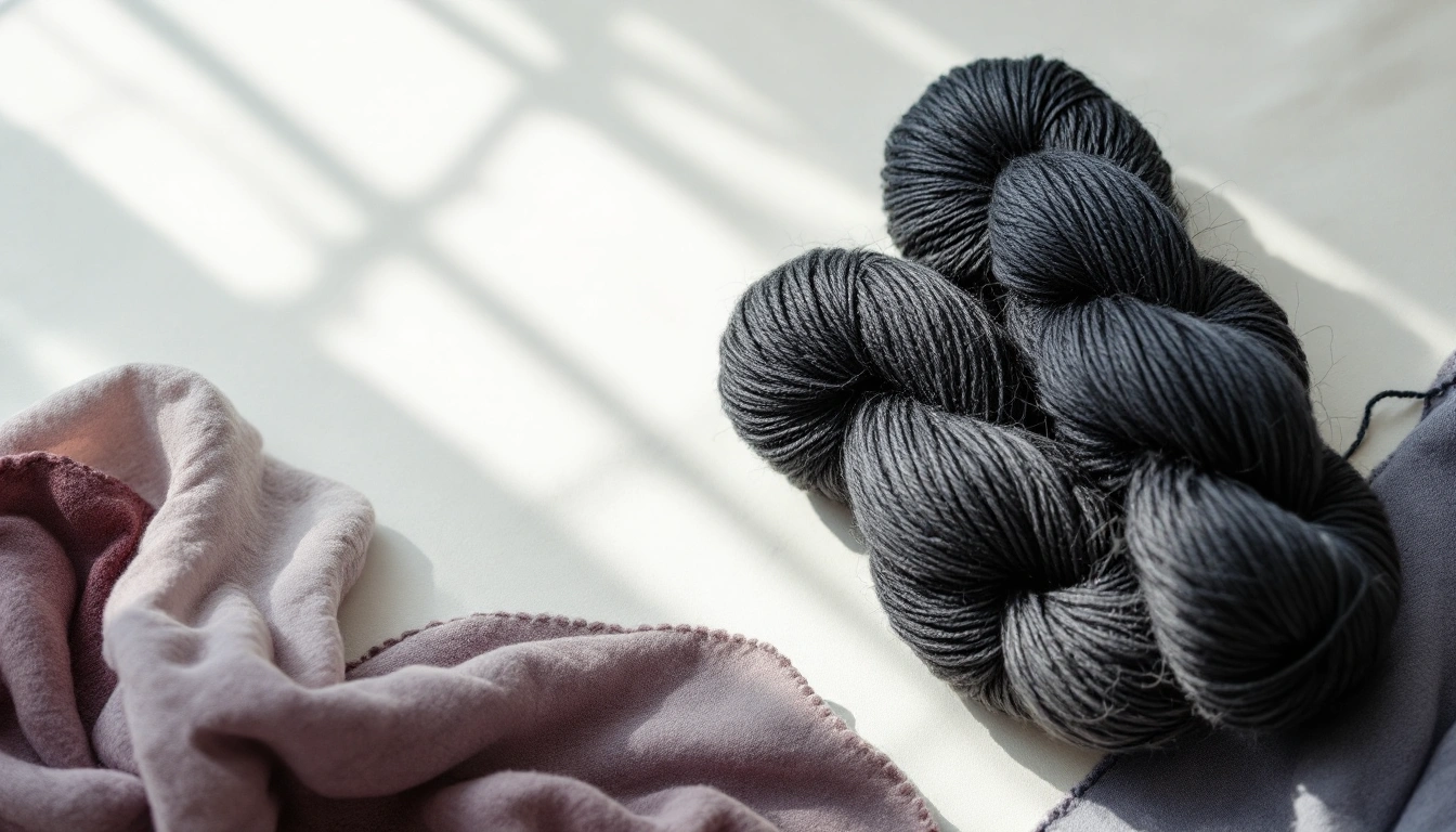 Twisted skeins of charcoal black wool yarn in soft window light