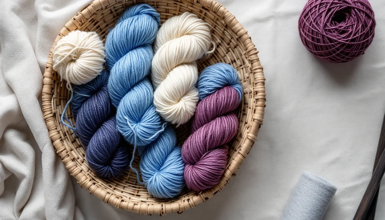 A woven basket filled with skeins of blue, cream and plum yarn