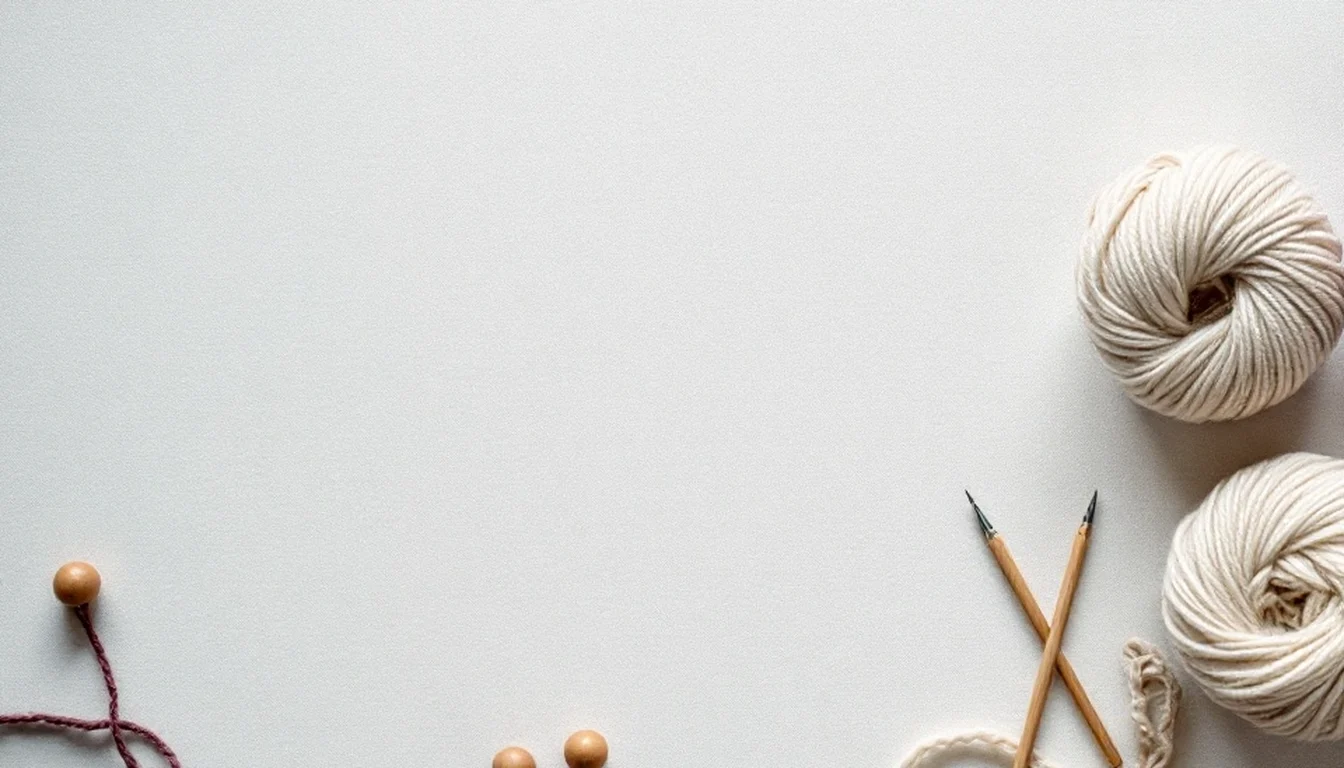 Two balls of cream wool beside wooden knitting needles on a pale surface