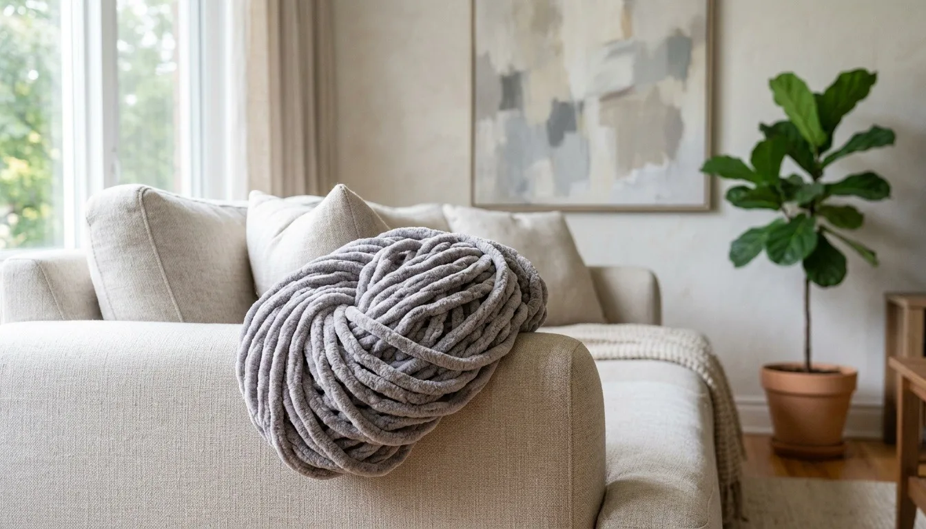 A ball of grey jumbo chenille yarn on the arm of a sofa
