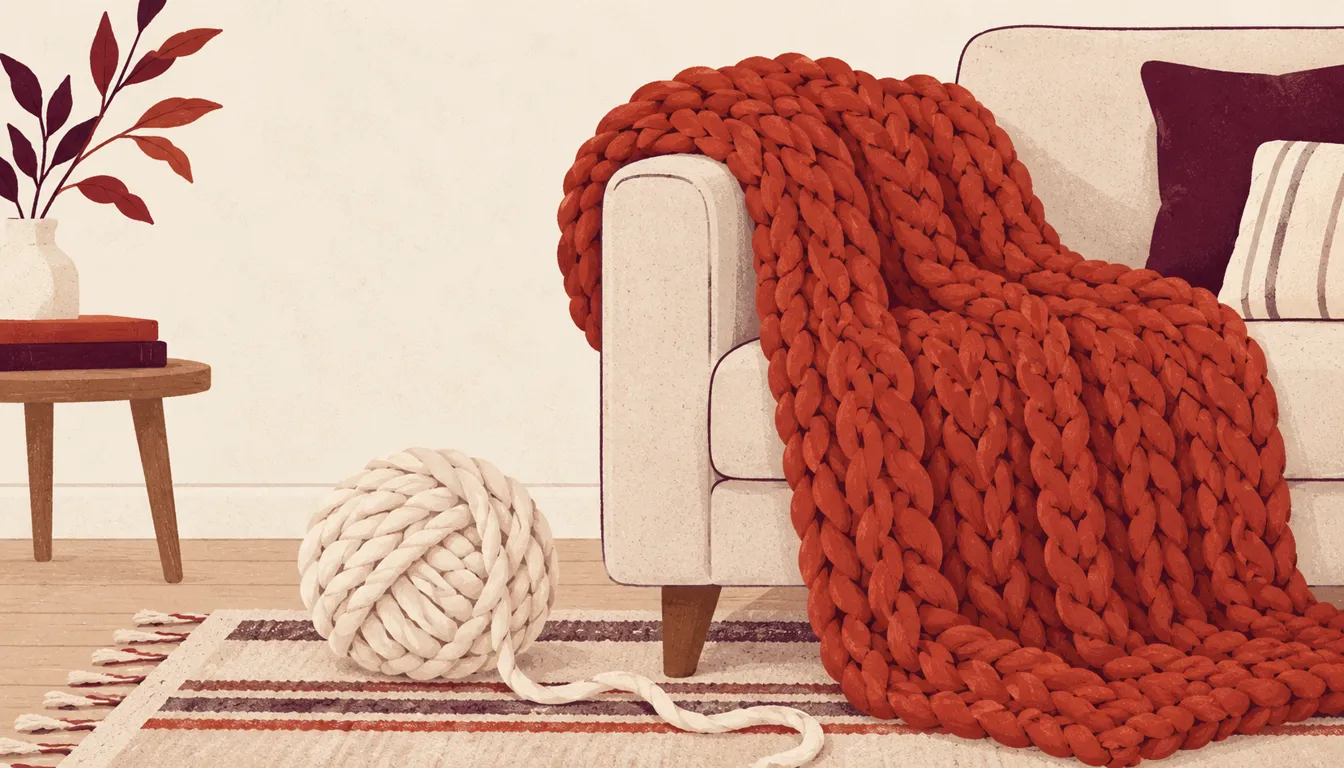 Illustration of a madder red chunky knit blanket draped over a cream sofa arm beside a yarn ball