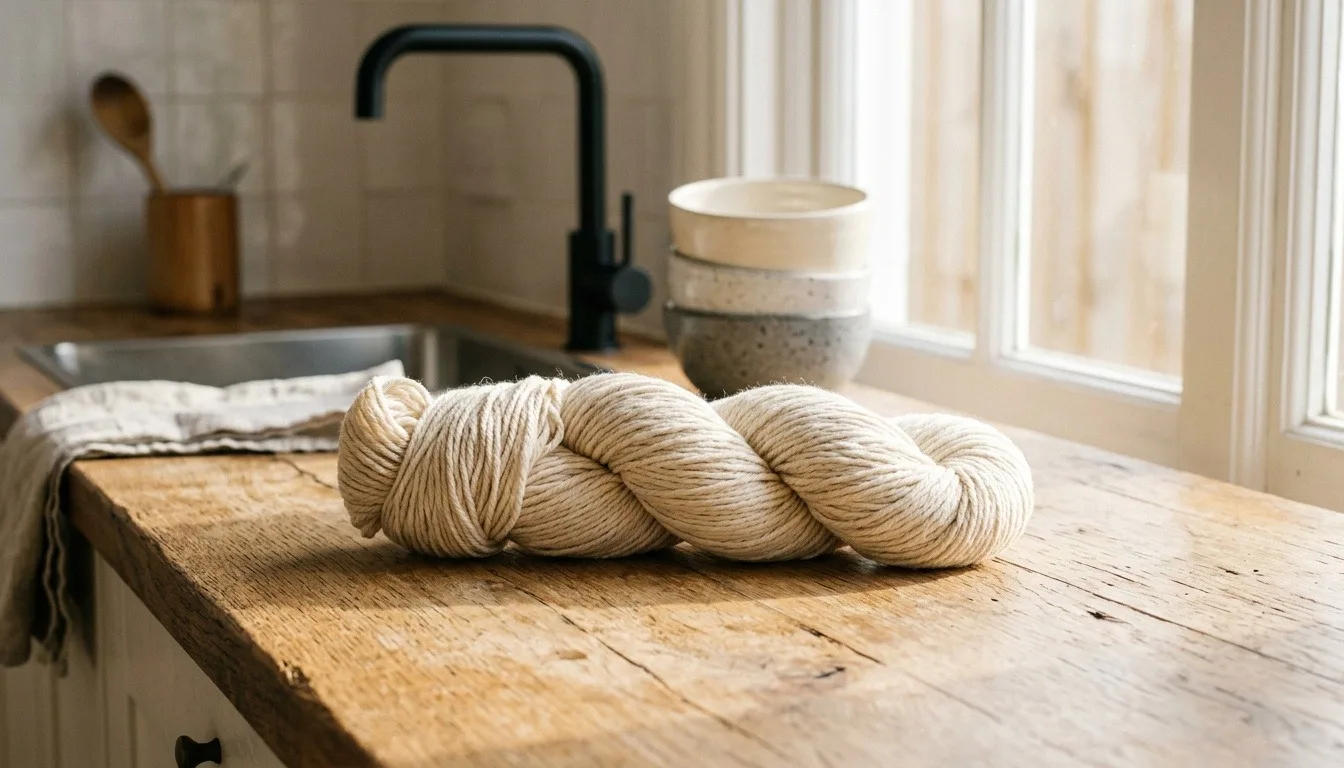 A hank of cream cotton yarn on a kitchen counter by the sink