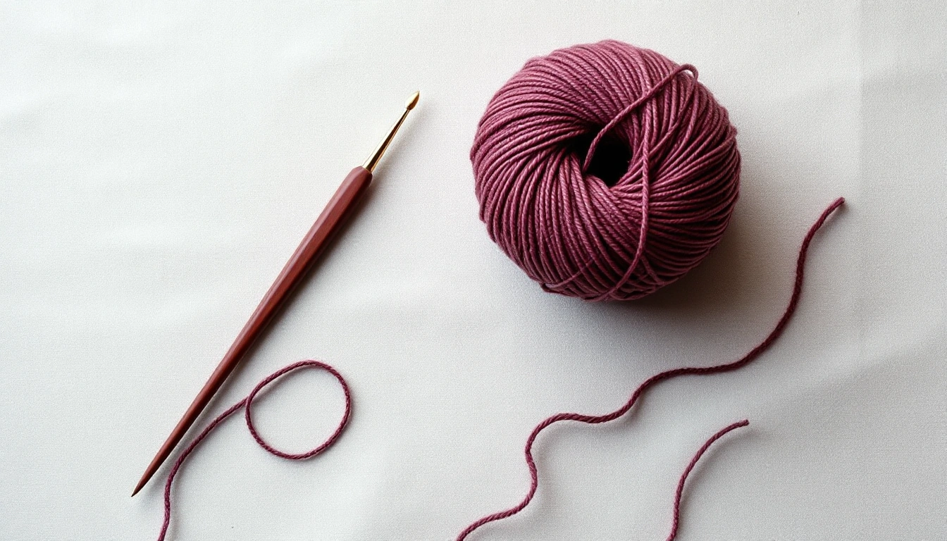 A crochet hook beside a ball of plum yarn on a pale surface