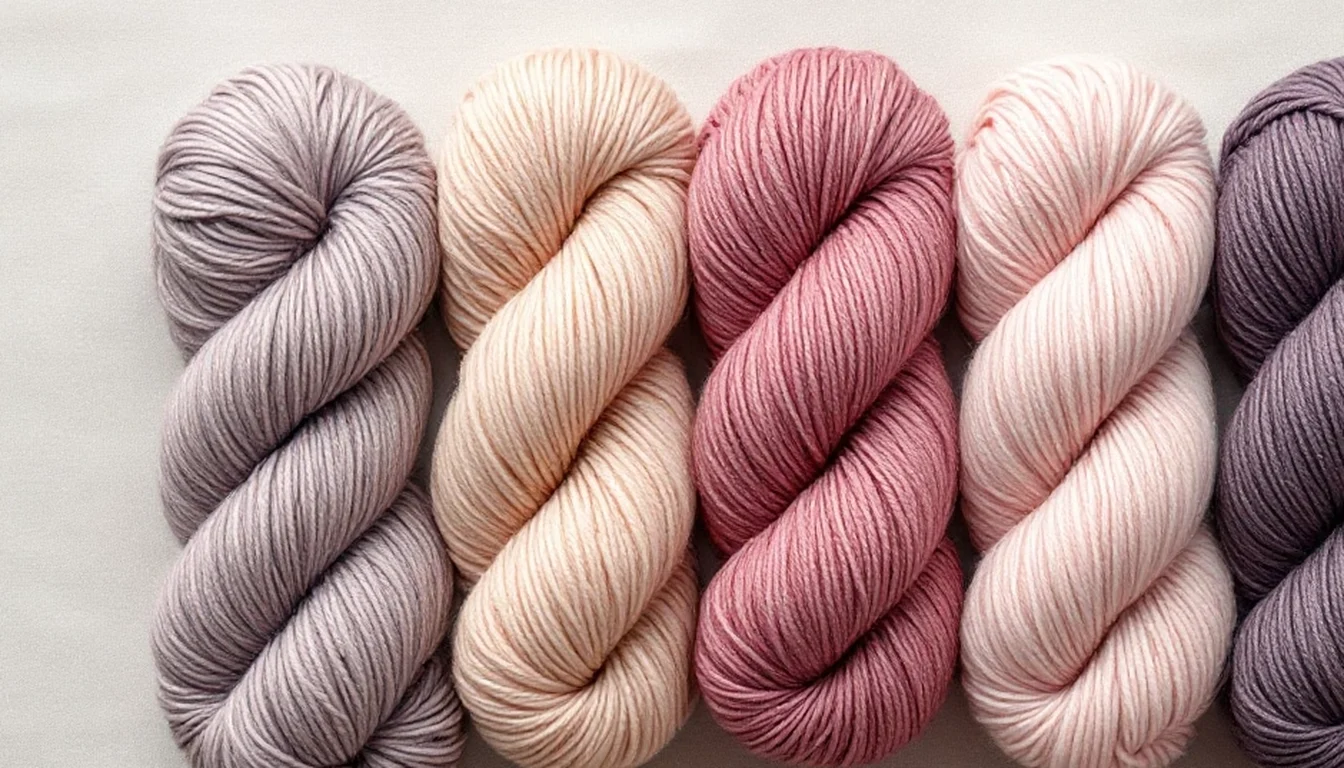 A row of twisted DK weight yarn skeins in lilac, peach, rose and blush