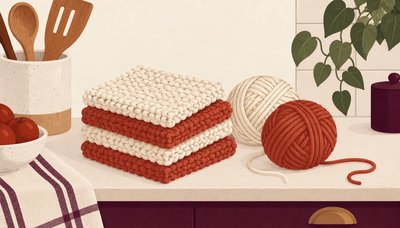 Illustration of a stack of cotton dishcloths beside cream and madder cotton yarn balls on a kitchen counter