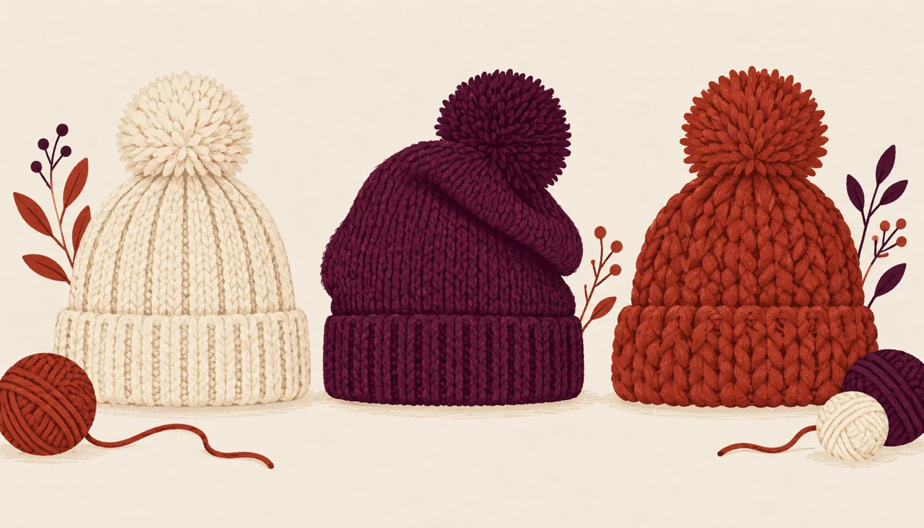 Illustration of three cream, plum and madder knitted beanies with pom-poms in a row