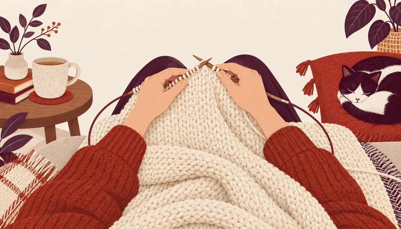 Illustration of a cream blanket on circular knitting needles resting in a lap with hands visible