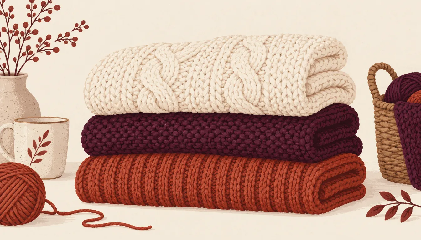 Illustration of a folded stack of cream, plum and madder knitted blankets