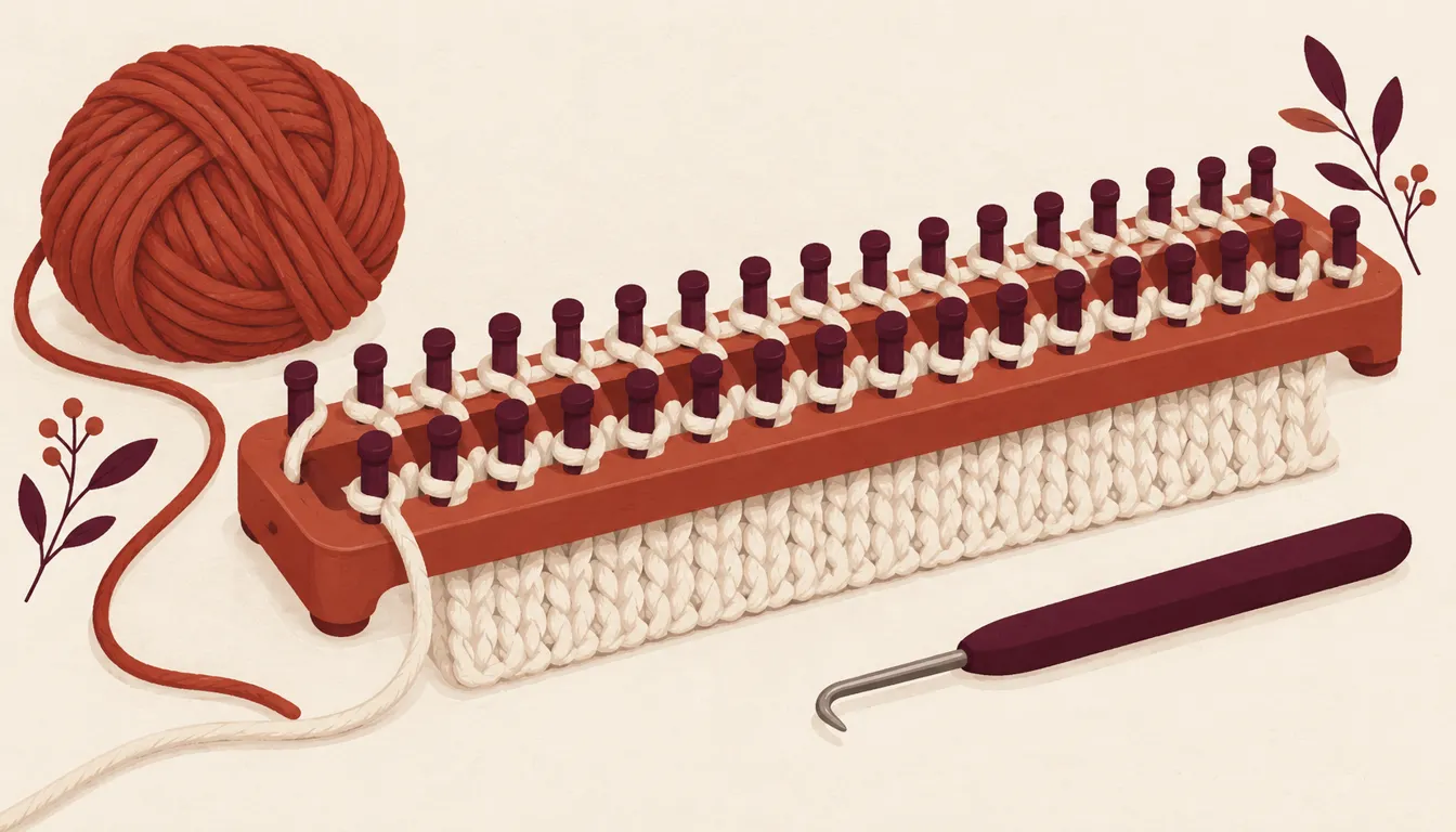 Illustration of a long rectangular knitting loom with yarn on its pegs and a loom hook beside it