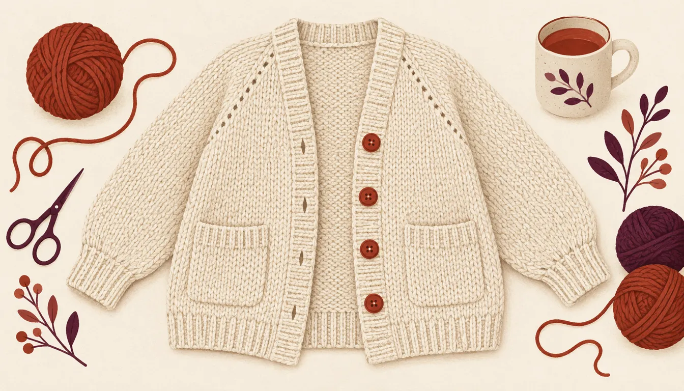 Illustration of a cream knitted cardigan with madder buttons laid flat