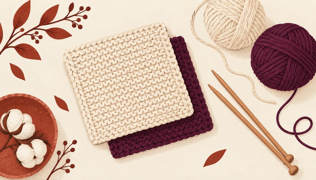 Illustration of cream and plum cotton dishcloths beside cotton yarn balls and wooden knitting needles