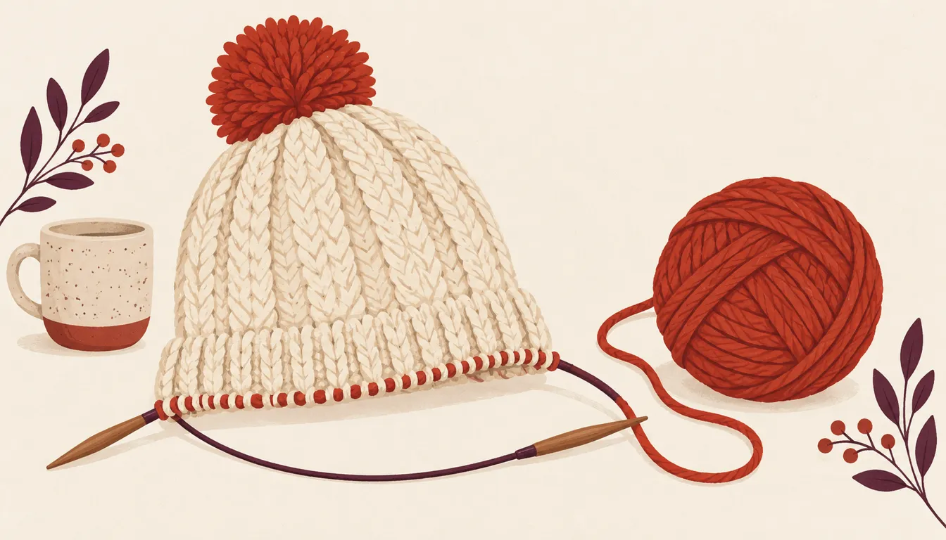 Illustration of a cream beanie with a madder pom-pom on circular knitting needles beside a yarn ball
