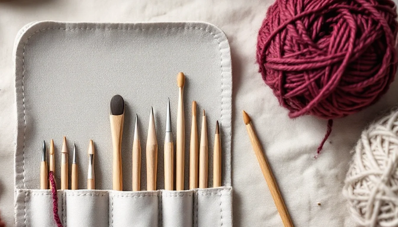 An open fabric needle case holding interchangeable needle tips beside balls of yarn