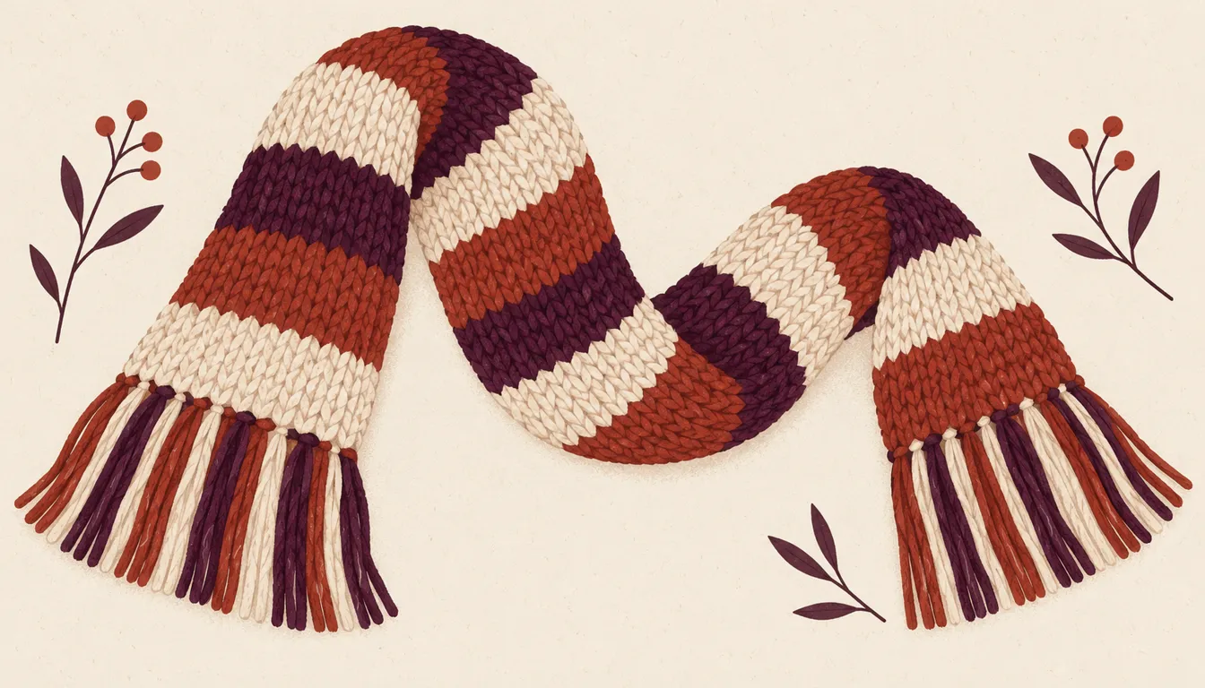 Illustration of a long striped cream, plum and madder knitted scarf with fringe