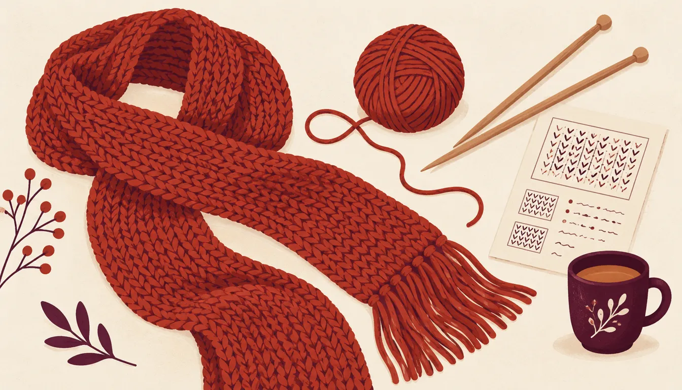 Illustration of a madder scarf beside knitting needles and a sheet with abstract illegible pattern marks