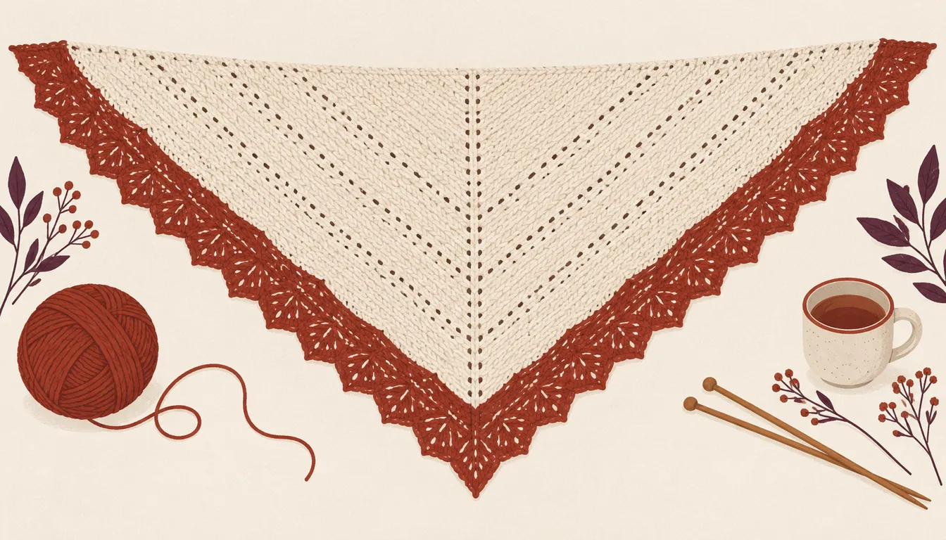 Illustration of a cream triangular knitted shawl spread flat with a madder edge