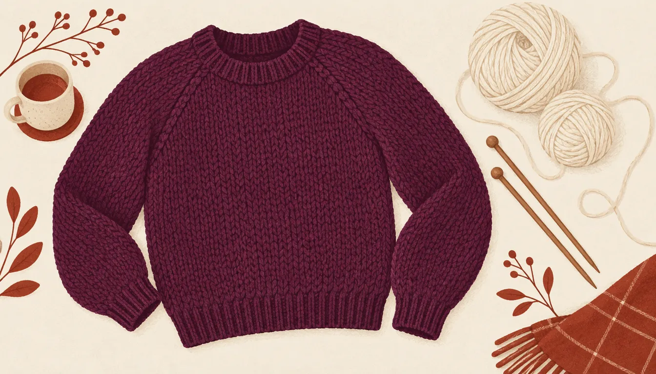 Illustration of a plum knitted pullover laid flat beside cream yarn balls and wooden needles