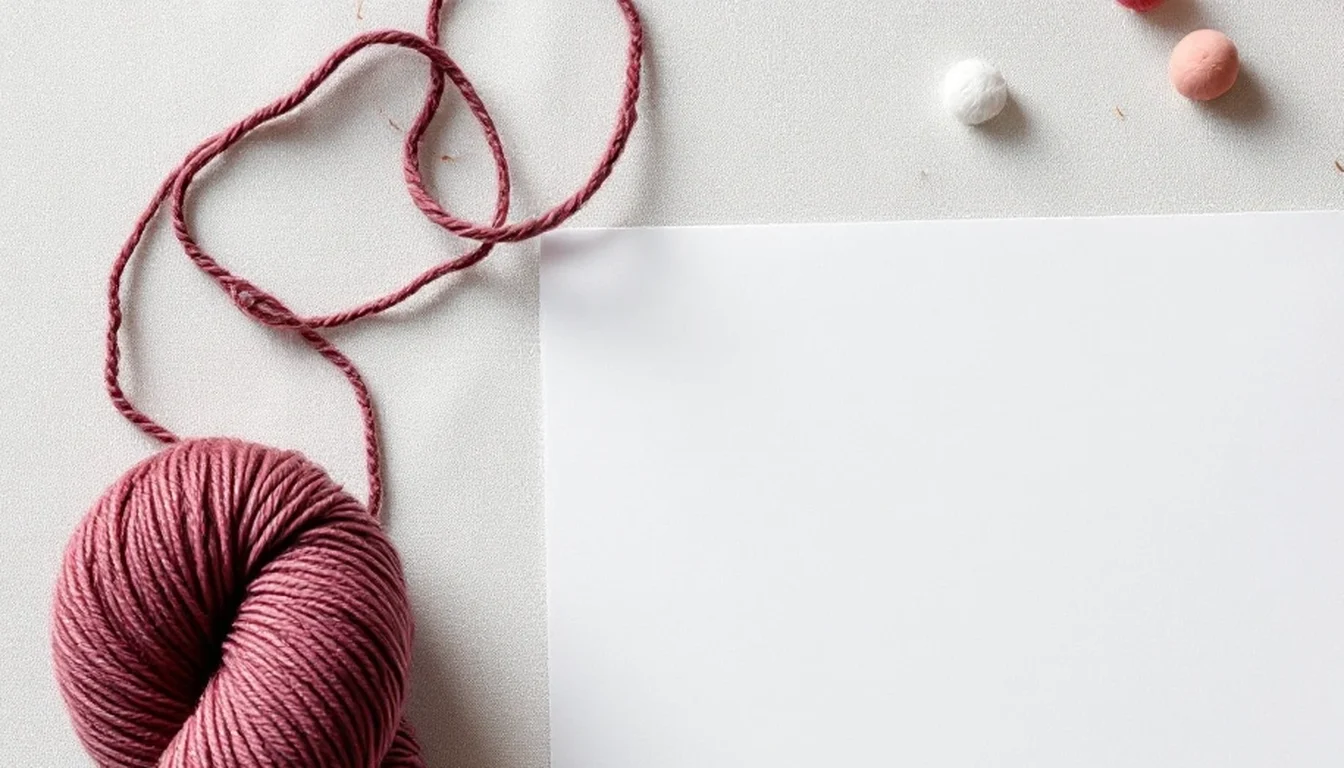 A skein of rose wool and a loose strand beside a blank sheet of paper