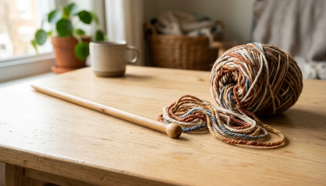 A pair of bamboo knitting needles beside a ball of multicolored worsted yarn on a wooden table