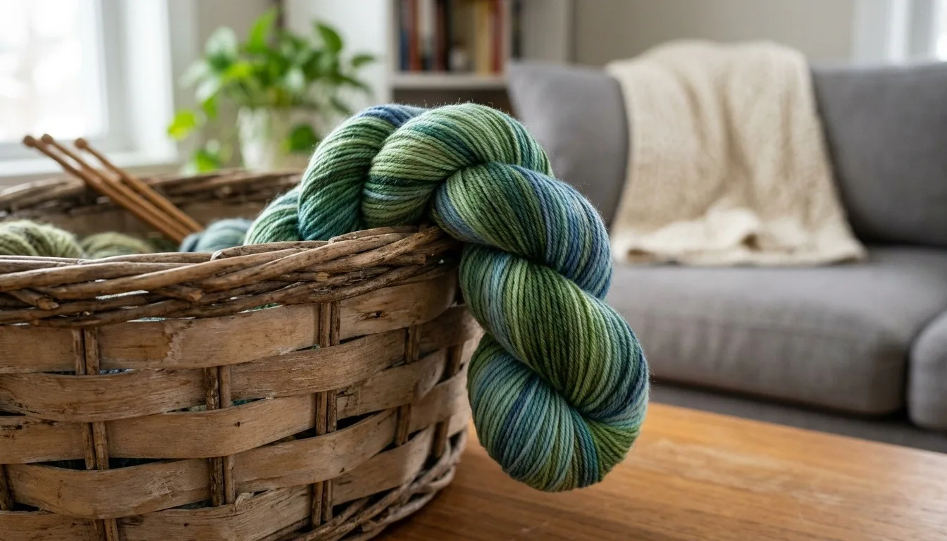 A hank of hand-dyed blue and green merino yarn draped over a basket