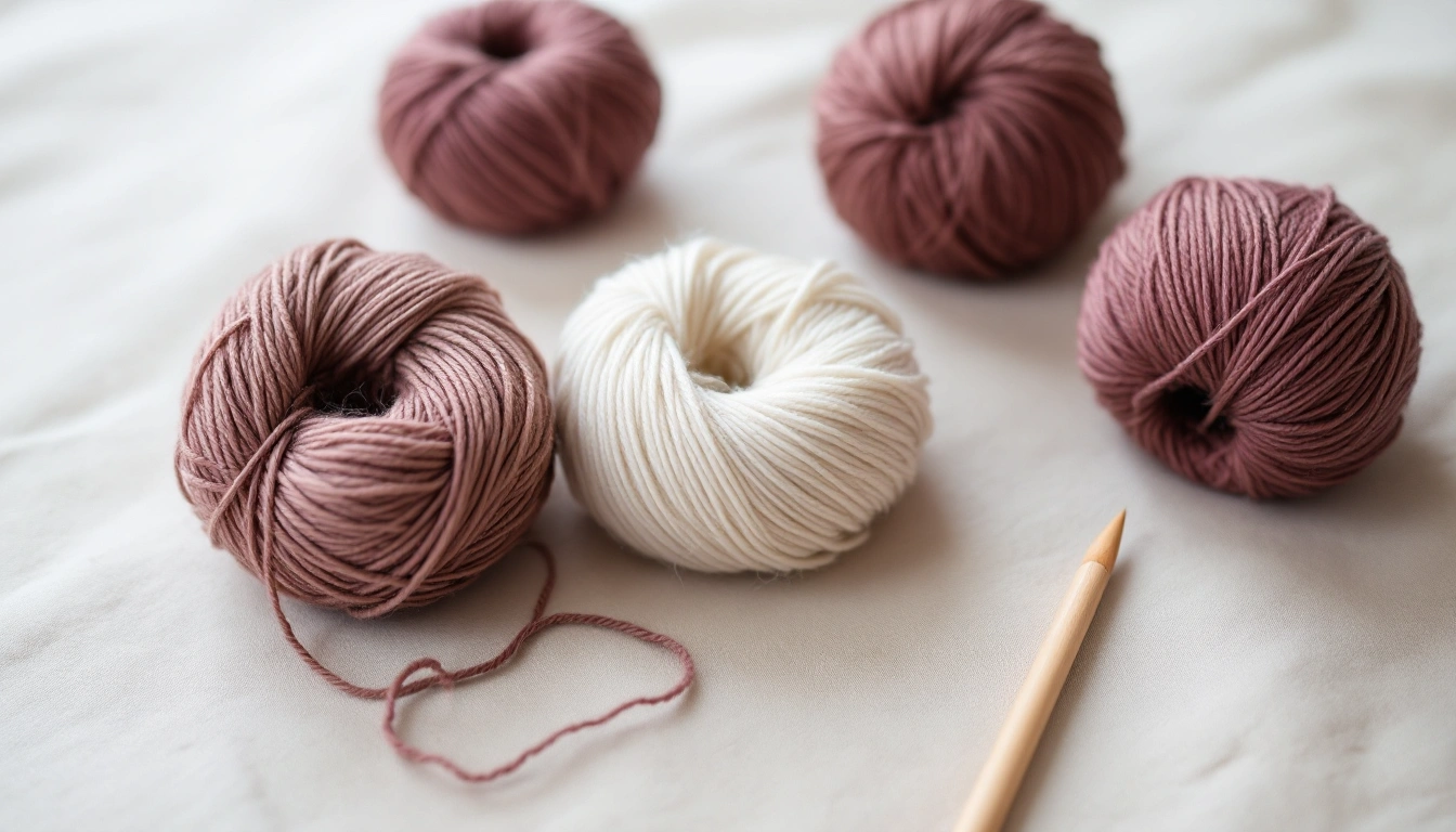Five balls of soft merino yarn in cream and dusty rose with a wooden needle