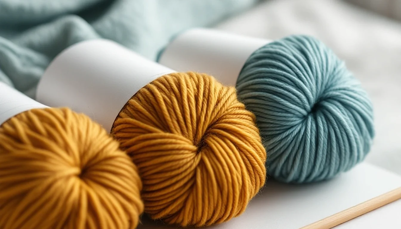 Banded balls of mustard and teal wool yarn with a wooden needle
