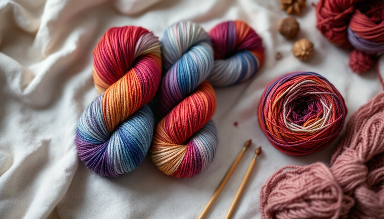 Twisted skeins and a wound cake of multicolor variegated yarn beside wooden needles