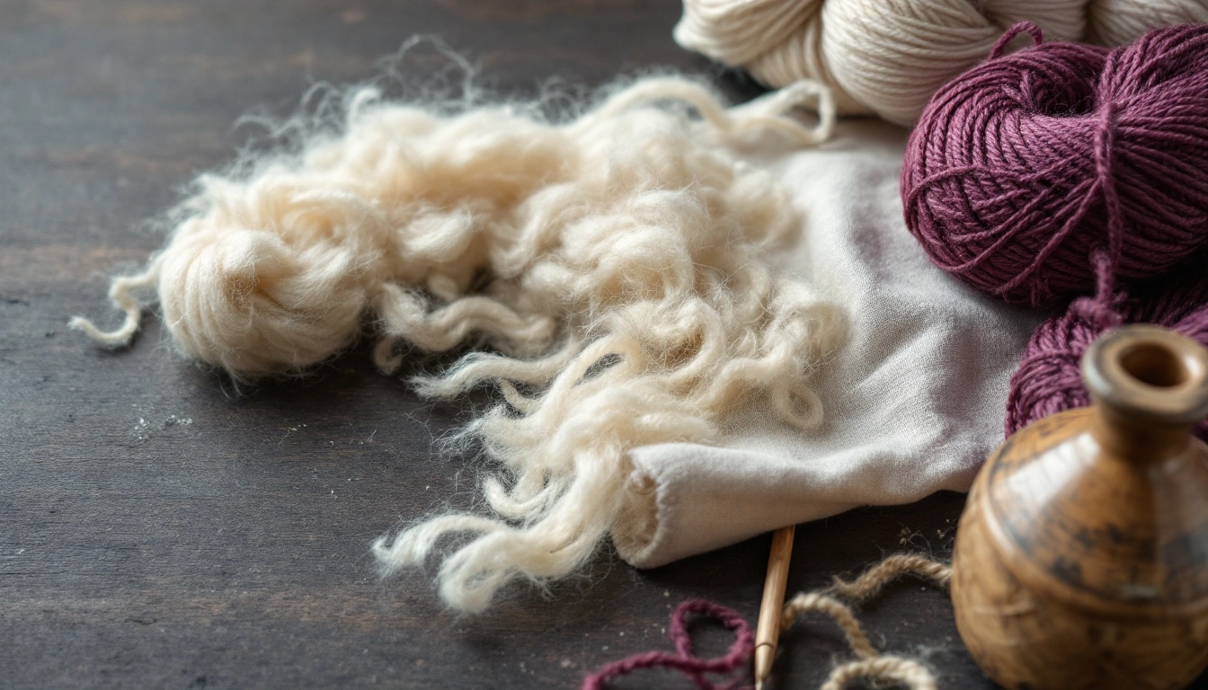 A lock of raw crimped fleece beside skeins of spun wool yarn on dark wood