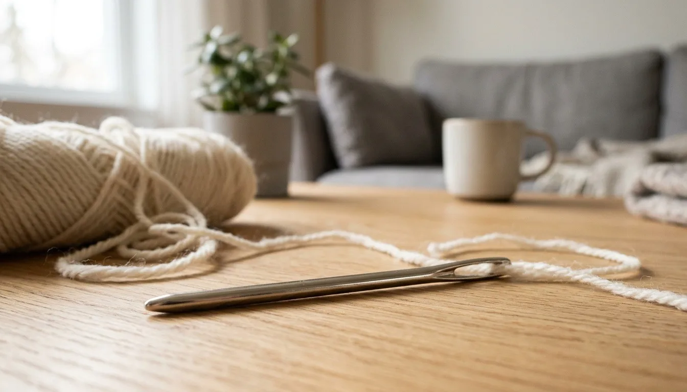 A large-eye blunt yarn needle beside a ball of cream yarn