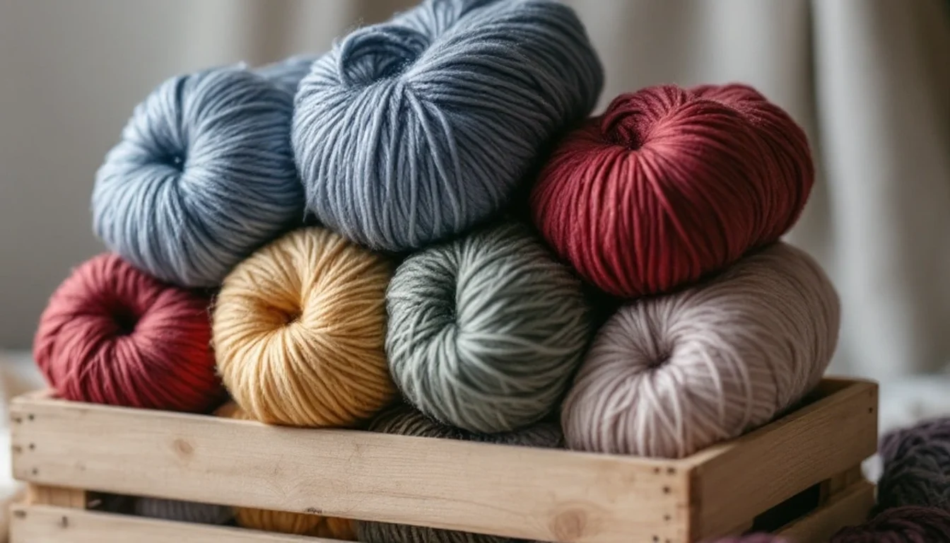Balls of yarn in blue, red, gold and sage stacked in a wooden crate