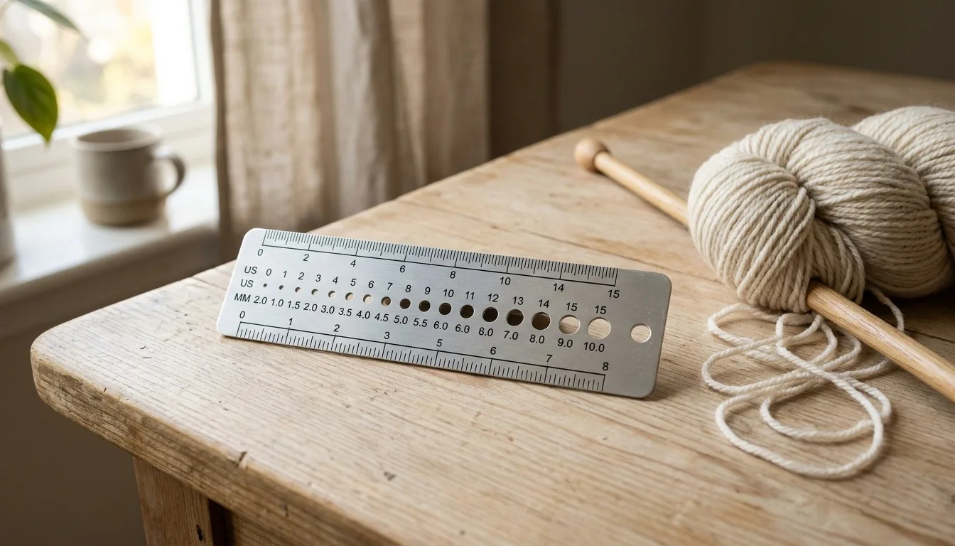 A metal knitting needle gauge beside a hank of cream yarn and a wooden needle